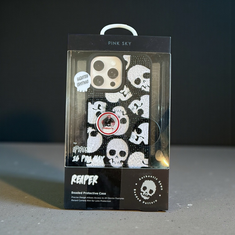 Pink Sky Black Skull Beaded Phone Case